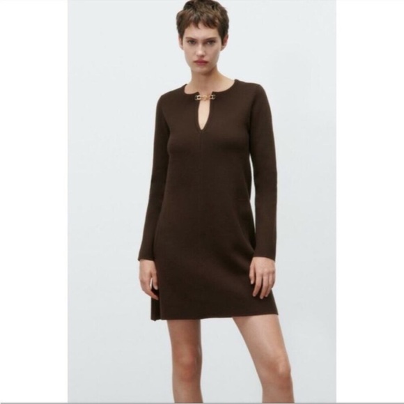 Zara Brown Gold Chain Cutout Long Sleeve Sweater Mini Dress NWT - Picture 2 of 7